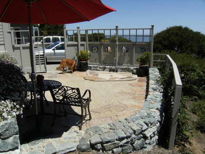Decomposed granite patio with flagstone shower